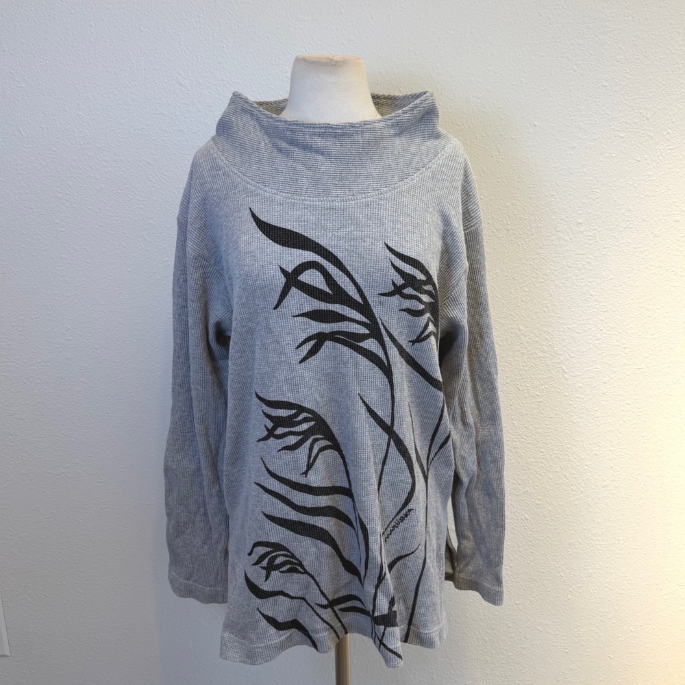 Marushka Gray Waffle Knit Sweatshirt Womens L/XL Funnel Neck Thermal Lagenlook